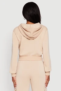 Womens Long Sleeve Fleece Zip Front Hoodie, Beige, Size L