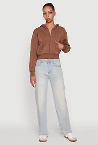 Womens Long Sleeve Fleece Zip Front Hoodie, Brown, Size S