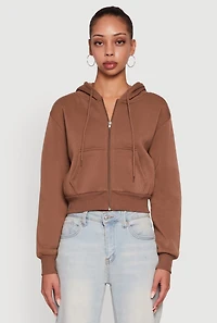 Womens Long Sleeve Fleece Zip Front Hoodie, Brown, Size S
