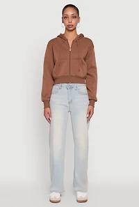 Womens Long Sleeve Fleece Zip Front Hoodie, Brown, Size S