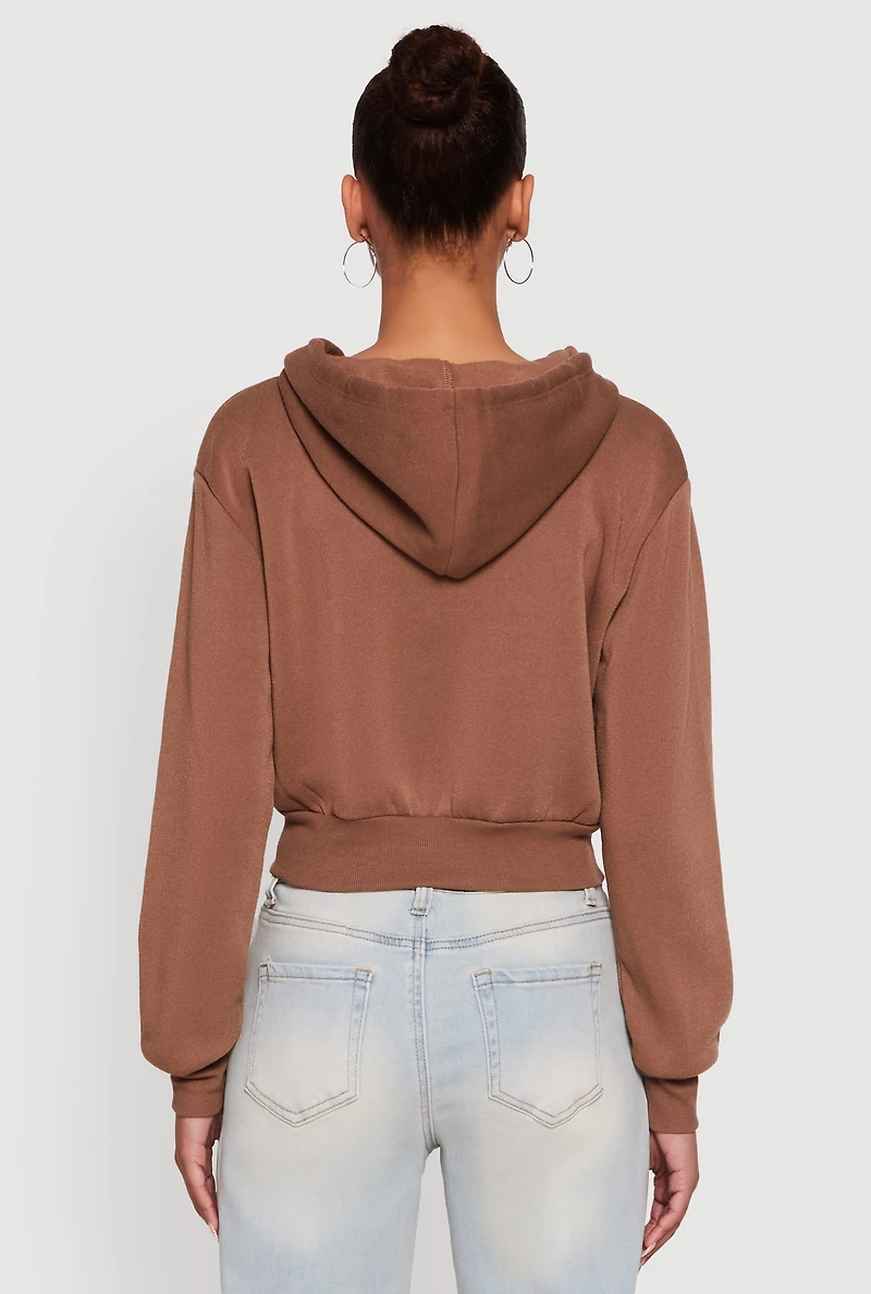 Womens Long Sleeve Fleece Zip Front Hoodie, Brown, Size S