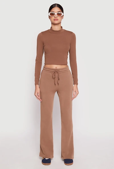Womens Fleece Lined Boot Cut Sweatpants, Brown, Size S