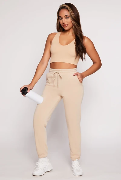 Womens Fleece Drawstring High Waist Joggers, Khaki, Size S