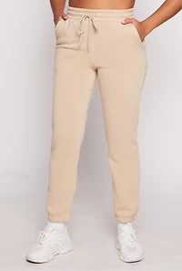 Womens Fleece Drawstring High Waist Joggers, Khaki, Size S