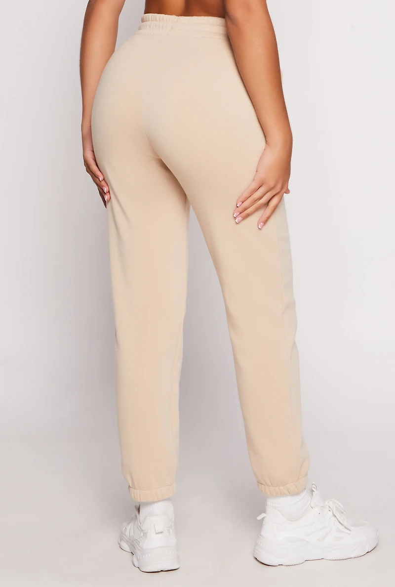 Womens Fleece Drawstring High Waist Joggers, Khaki, Size S