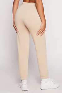 Womens Fleece Drawstring High Waist Joggers, Khaki, Size S
