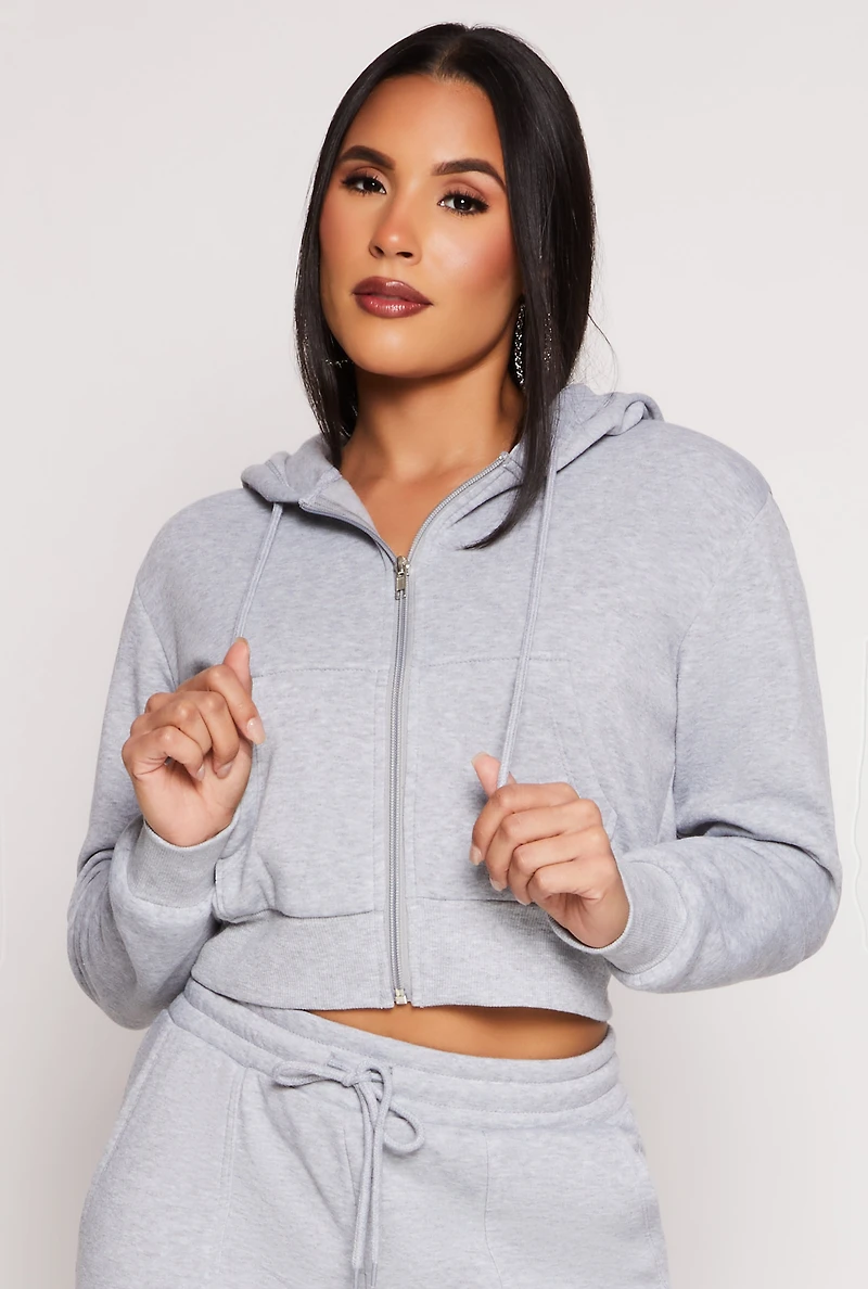Womens Fleece Zip Front Cropped Hoodie, Grey, Size S