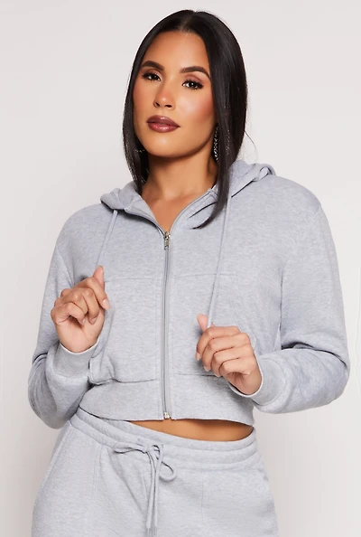 Womens Fleece Zip Front Cropped Hoodie, Grey, Size S