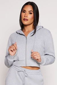 Womens Fleece Zip Front Cropped Hoodie, Grey, Size S