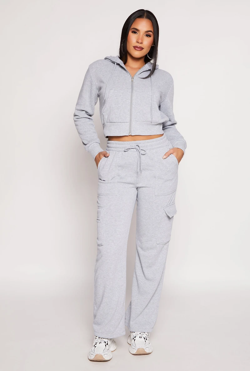 Womens Fleece Zip Front Cropped Hoodie, Grey, Size S