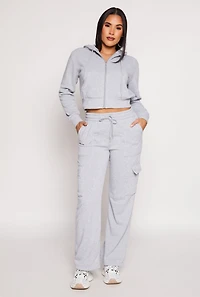 Womens Fleece Zip Front Cropped Hoodie, Grey, Size S