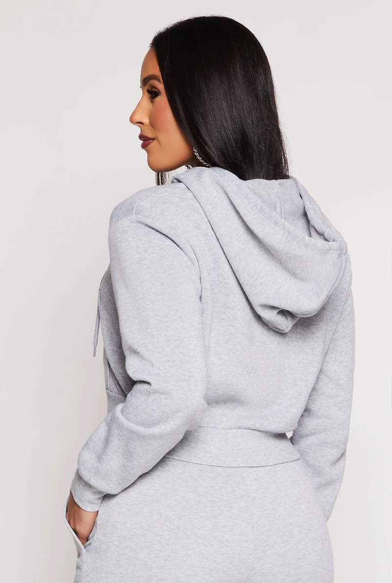 Womens Fleece Zip Front Cropped Hoodie, Grey, Size S