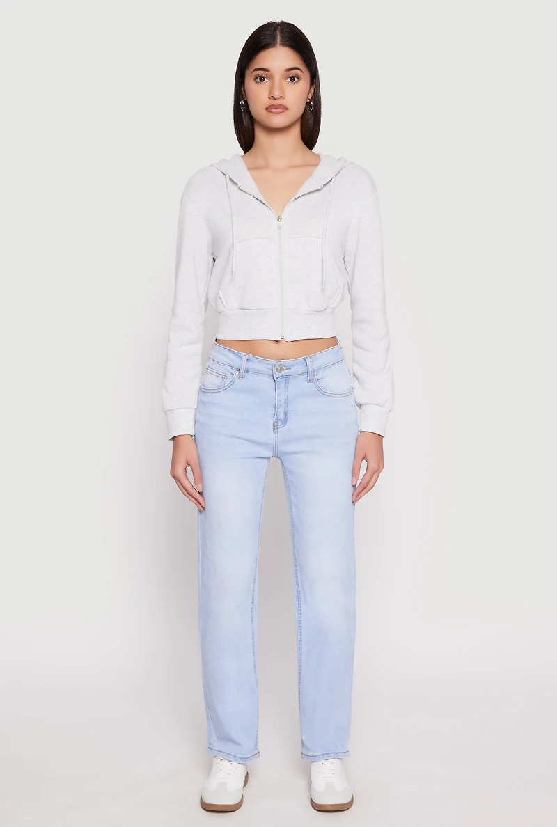 Womens Fleece Zip Front Cropped Hoodie, Grey, Size L