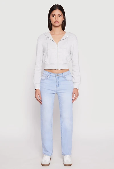 Womens Fleece Zip Front Cropped Hoodie, Grey, Size L