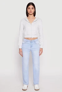 Womens Fleece Zip Front Cropped Hoodie, Grey, Size L