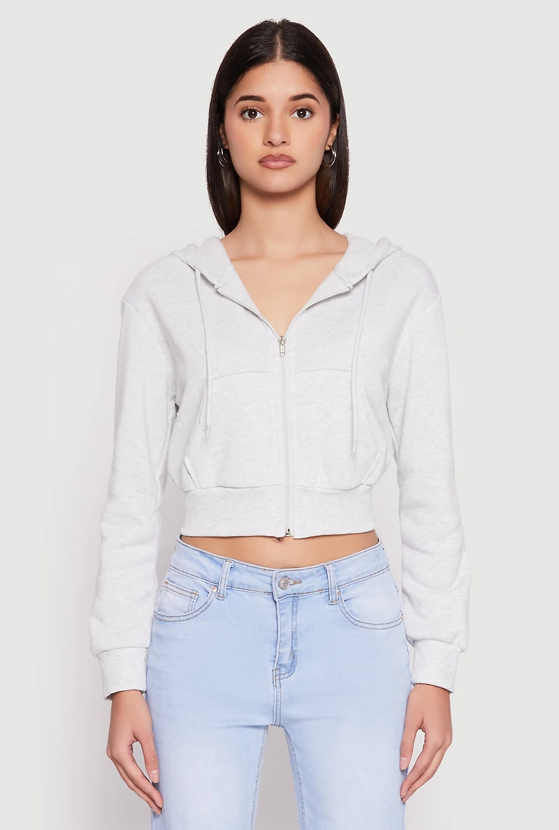 Womens Fleece Zip Front Cropped Hoodie, Grey, Size L