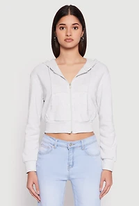 Womens Fleece Zip Front Cropped Hoodie, Grey, Size L