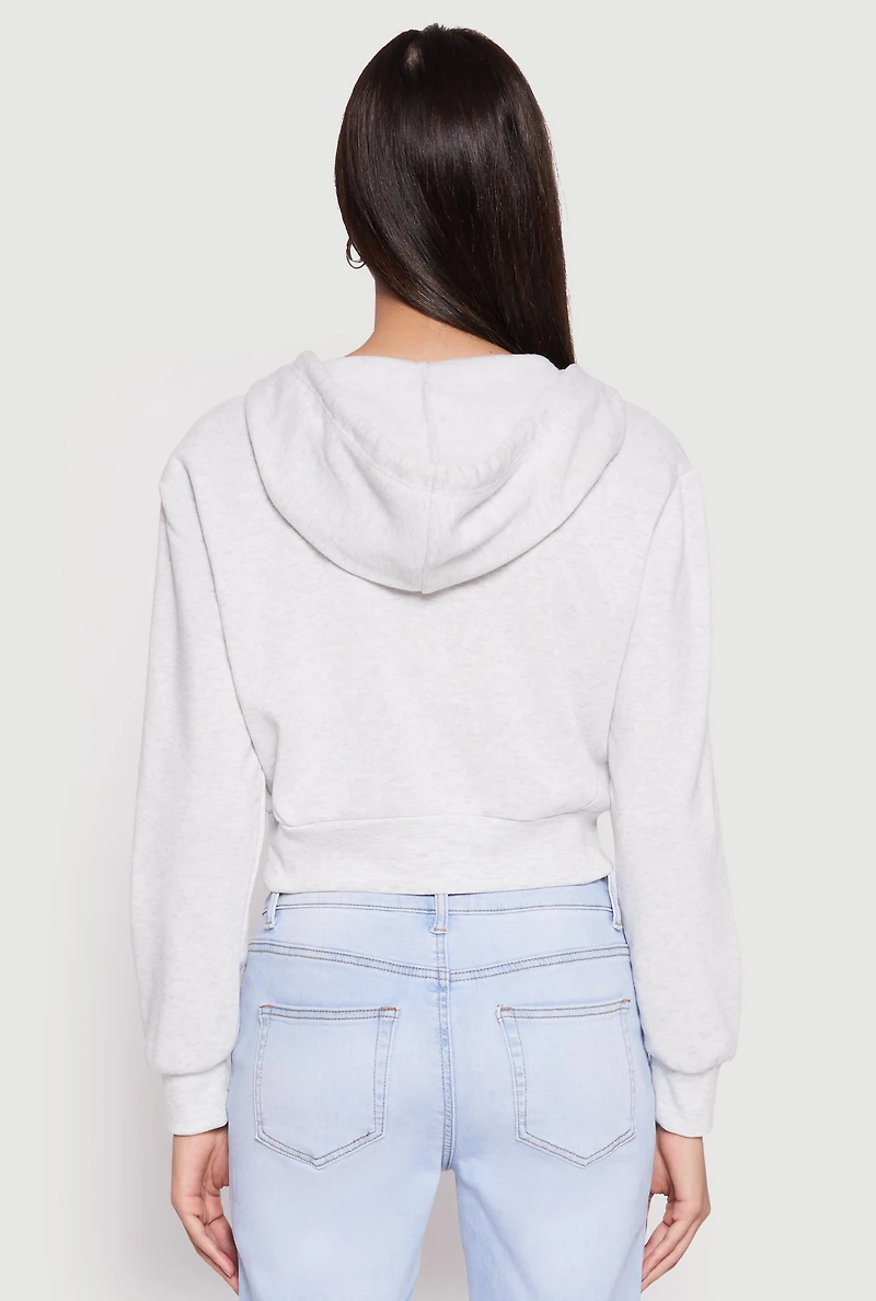 Womens Fleece Zip Front Cropped Hoodie, Grey, Size L