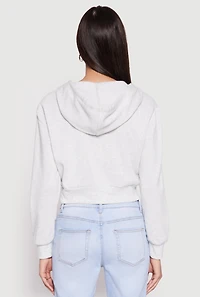 Womens Fleece Zip Front Cropped Hoodie, Grey, Size L