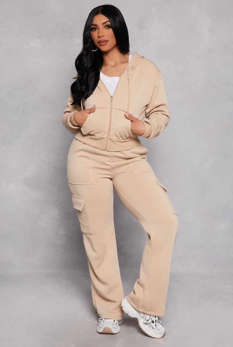Womens Fleece Zip Front Cropped Hoodie, Beige, Size M