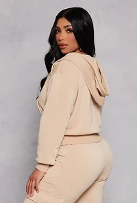 Womens Fleece Zip Front Cropped Hoodie, Beige, Size M