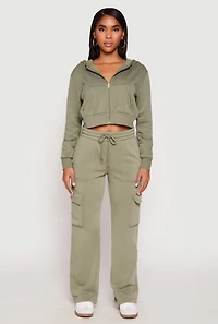 Womens Fleece Zip Front Cropped Hoodie, Green,