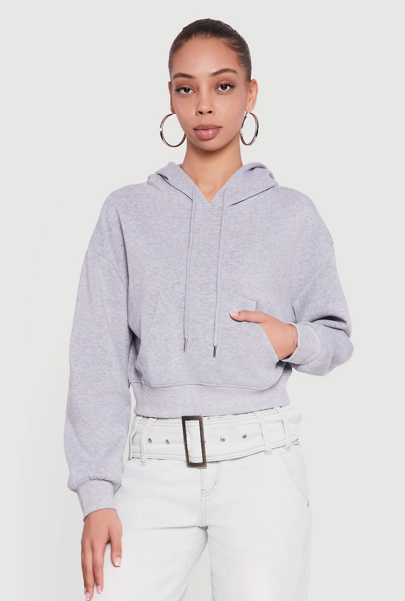 Womens Kangaroo Pocket Cropped Pullover Hoodie, Grey, Size S