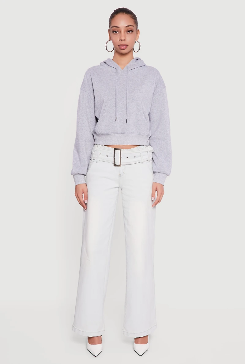 Womens Kangaroo Pocket Cropped Pullover Hoodie, Grey, Size S