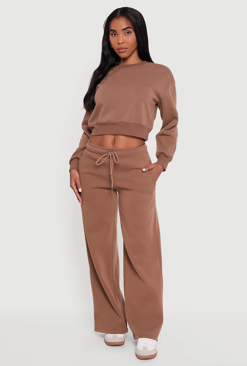 Womens Drawstring Waist Pull On Wide Leg Sweatpants, Brown,