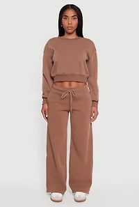 Womens Drawstring Waist Pull On Wide Leg Sweatpants, Brown,