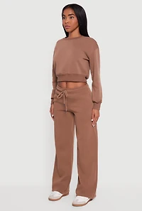 Womens Drawstring Waist Pull On Wide Leg Sweatpants, Brown,
