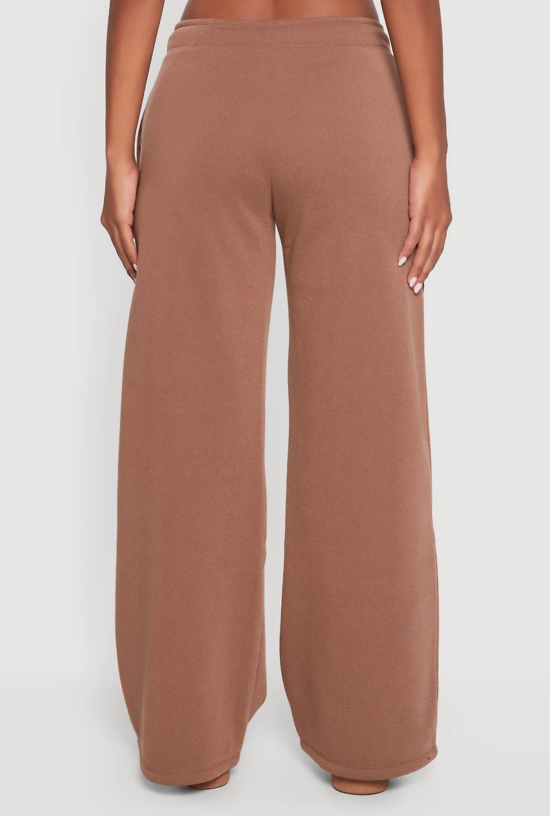 Womens Drawstring Waist Pull On Wide Leg Sweatpants, Brown,