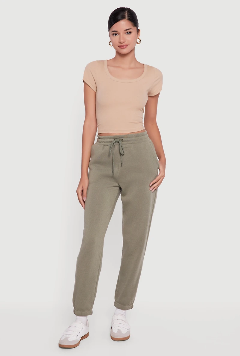 Womens High Waisted Drawstring Fleece Sweatpants, Green, Size M