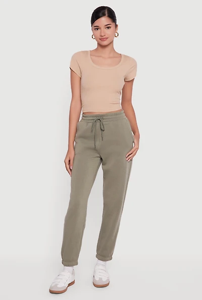 Womens High Waisted Drawstring Fleece Sweatpants, Green, Size M