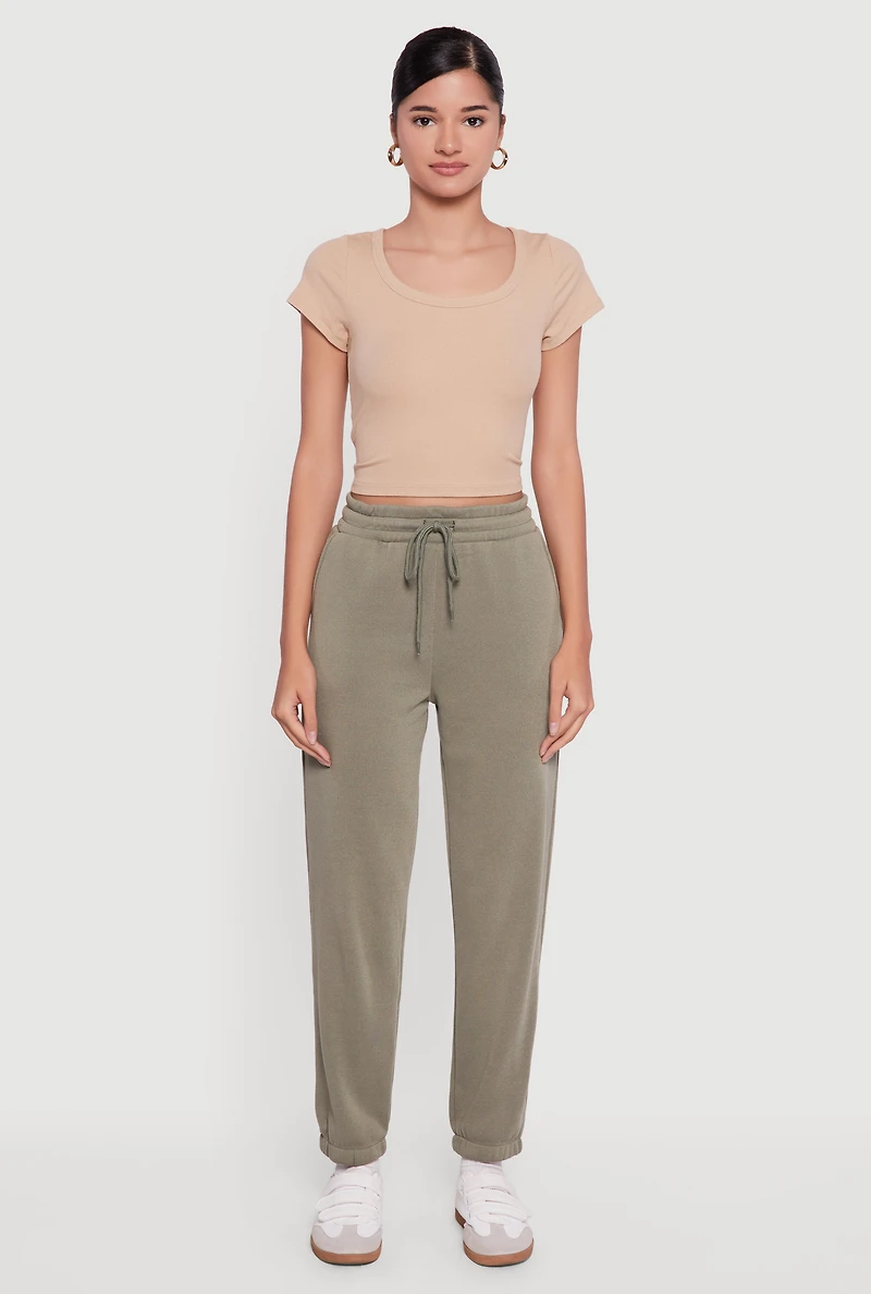 Womens High Waisted Drawstring Fleece Sweatpants, Green, Size M