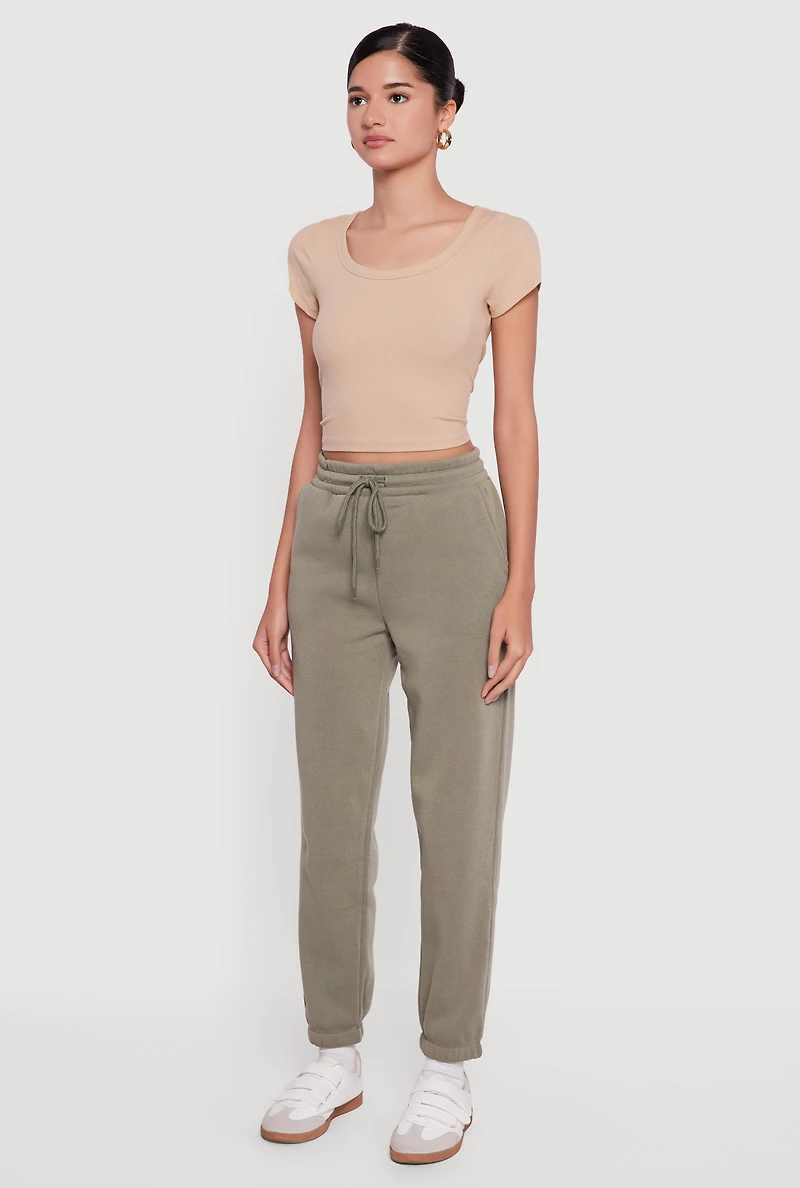 Womens High Waisted Drawstring Fleece Sweatpants, Green, Size M