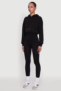 Womens Cropped Kangaroo Pocket Pullover Hoodie, Black,