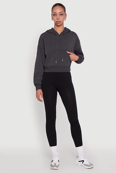 Womens Cropped Kangaroo Pocket Pullover Hoodie, Grey, Size M