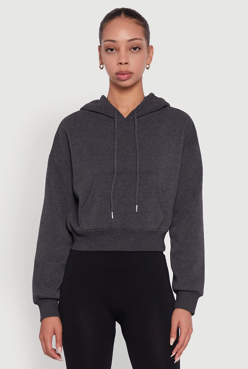 Womens Cropped Kangaroo Pocket Pullover Hoodie, Grey, Size M