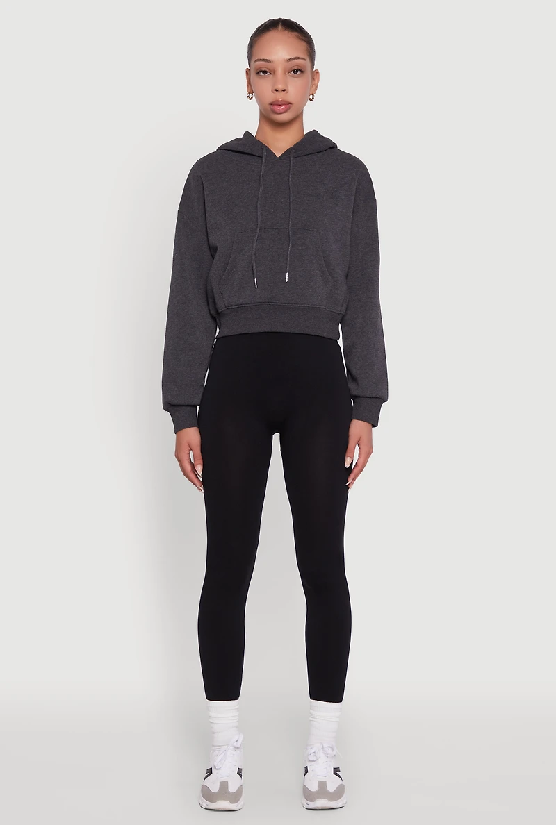 Womens Cropped Kangaroo Pocket Pullover Hoodie, Grey, Size M