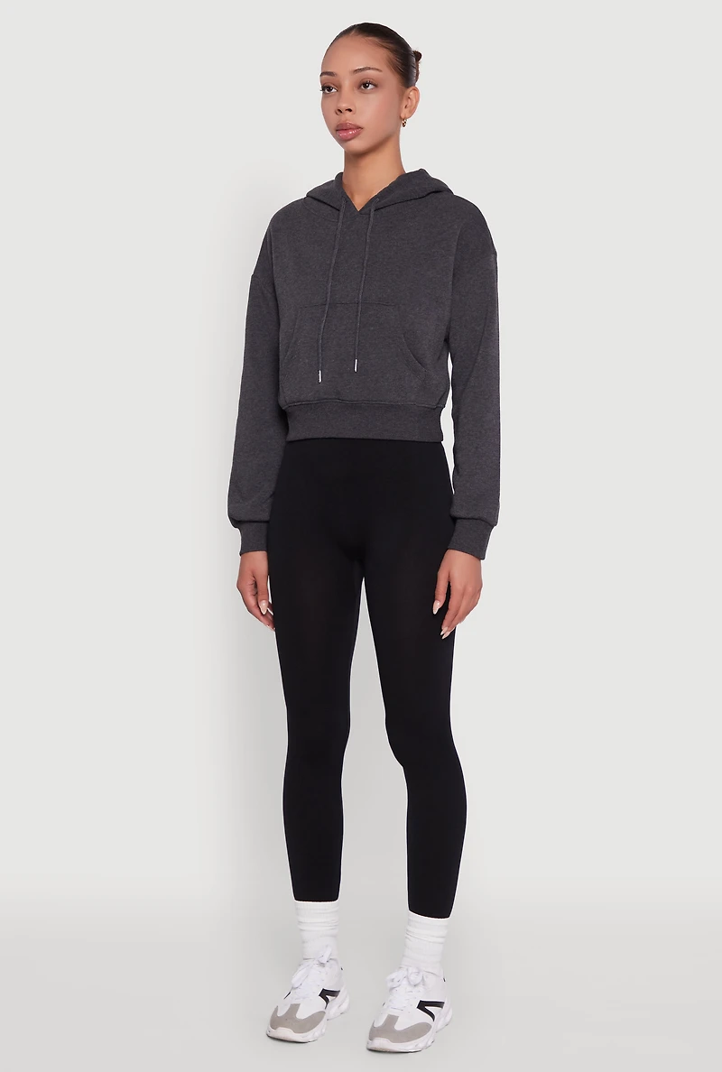 Womens Cropped Kangaroo Pocket Pullover Hoodie, Grey, Size M