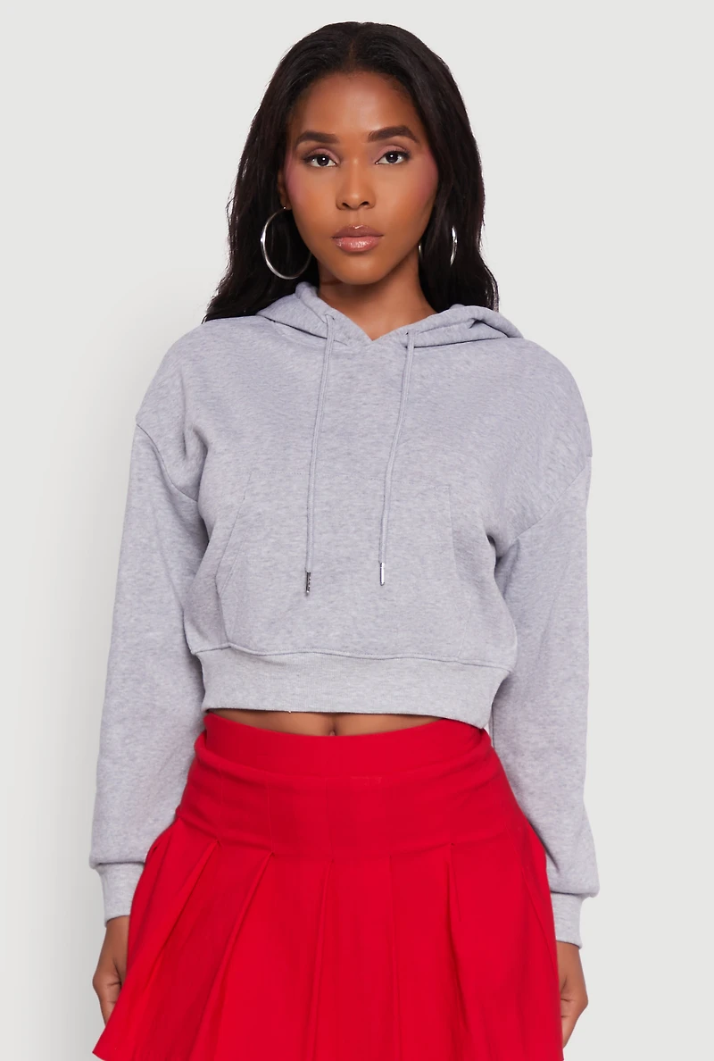 Womens Cropped Kangaroo Pocket Pullover Hoodie, Grey, Size S