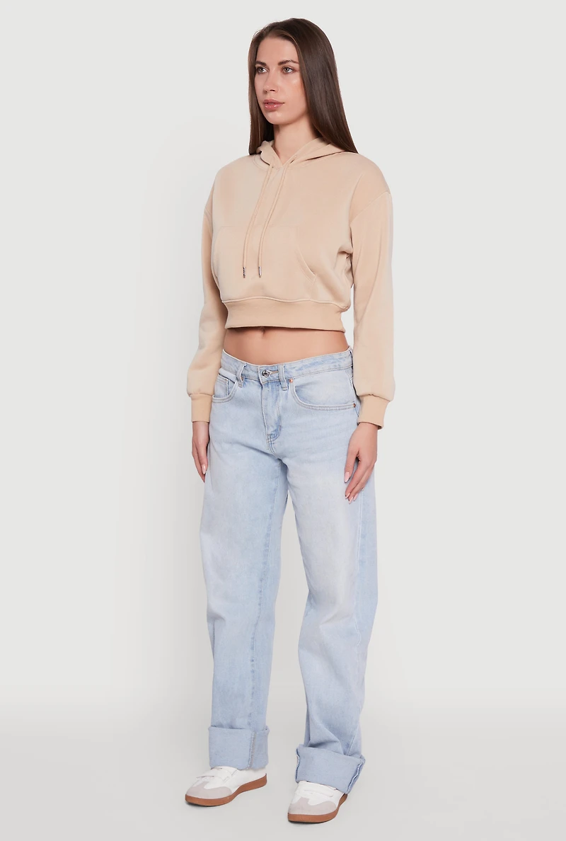 Womens Cropped Kangaroo Pocket Pullover Hoodie,