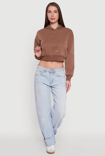 Womens Cropped Kangaroo Pocket Pullover Hoodie, Brown, Size L