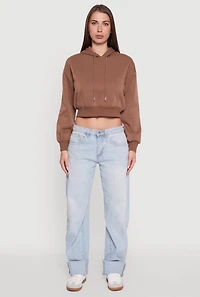 Womens Cropped Kangaroo Pocket Pullover Hoodie, Brown, Size L