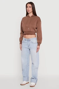 Womens Cropped Kangaroo Pocket Pullover Hoodie, Brown, Size L