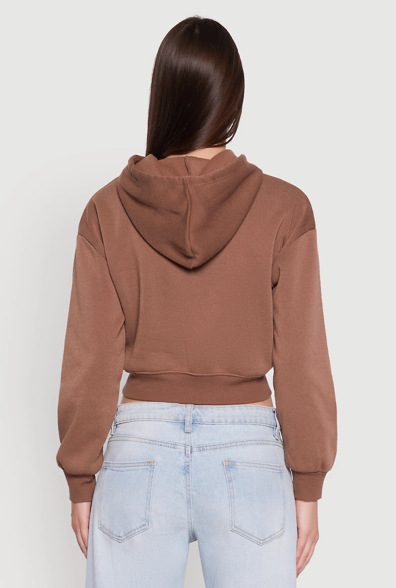 Womens Cropped Kangaroo Pocket Pullover Hoodie, Brown, Size L