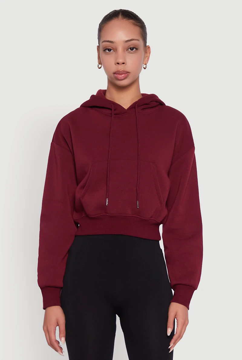 Womens Cropped Kangaroo Pocket Pullover Hoodie,