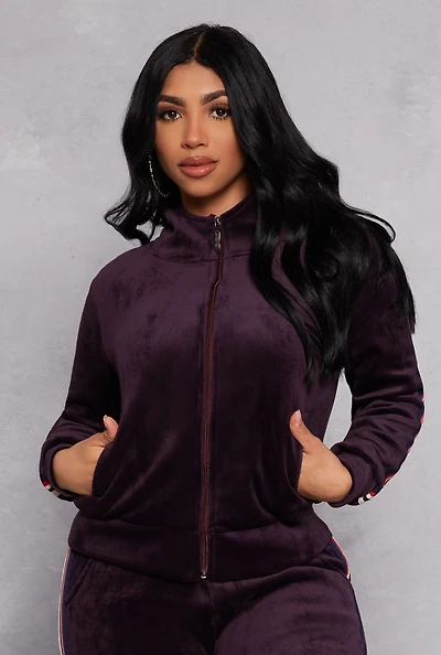 Womens Varsity Stripe Zip Front Velour Hoodie, Purple, Size S