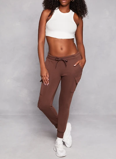 Womens Fleece Drawstring Cargo Joggers, Brown, Size M